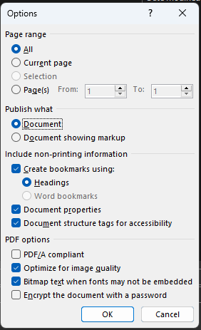 Microsoft Word PDF export options